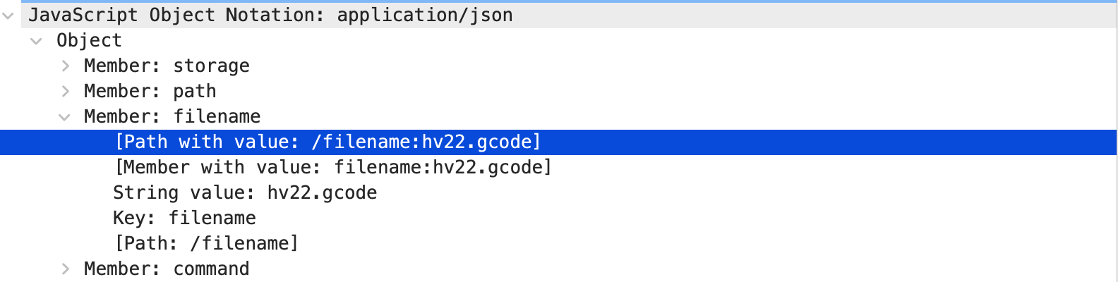 picture of protocol analyzer in wireshark, showing hv22.gcode filename