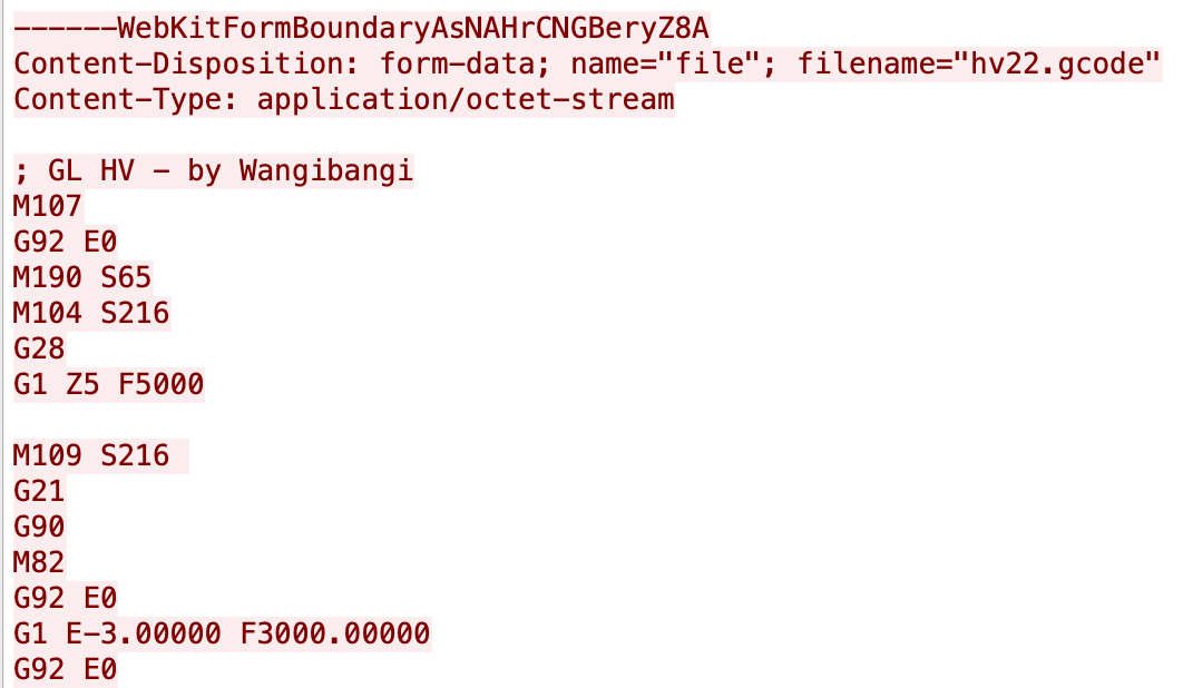 screenshot from the follow http stream function in wireshark, showing the beginning of the gcode file